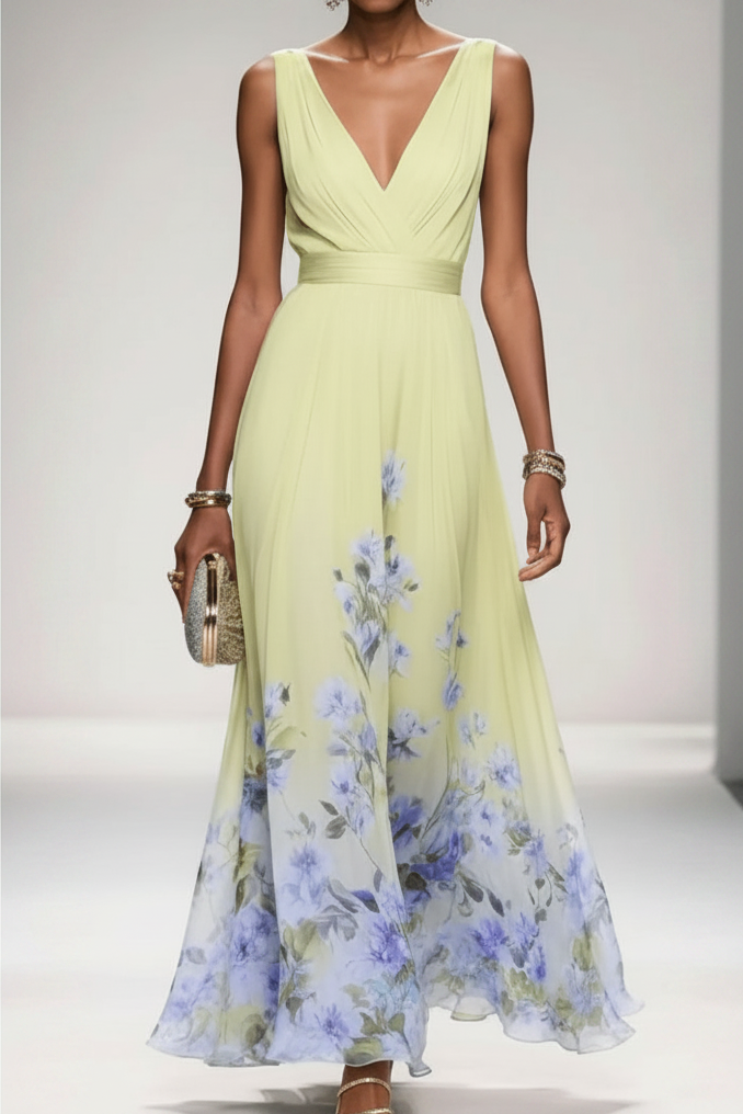 Elegant women's flowy maxi dress in charming floral pattern, ideal for romantic summer outings.