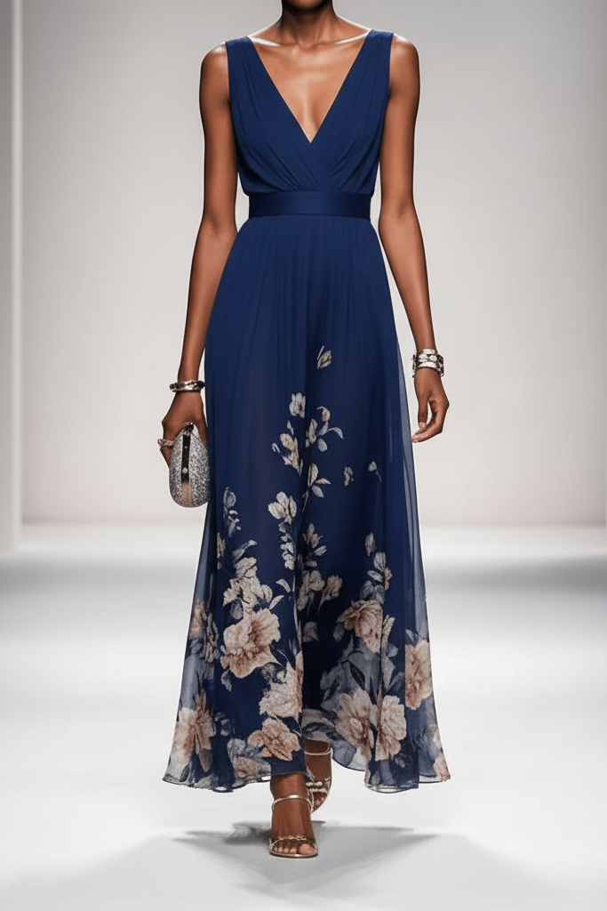 Vacation-ready women's long floral maxi dress, romantic and elegant with beautiful flow.