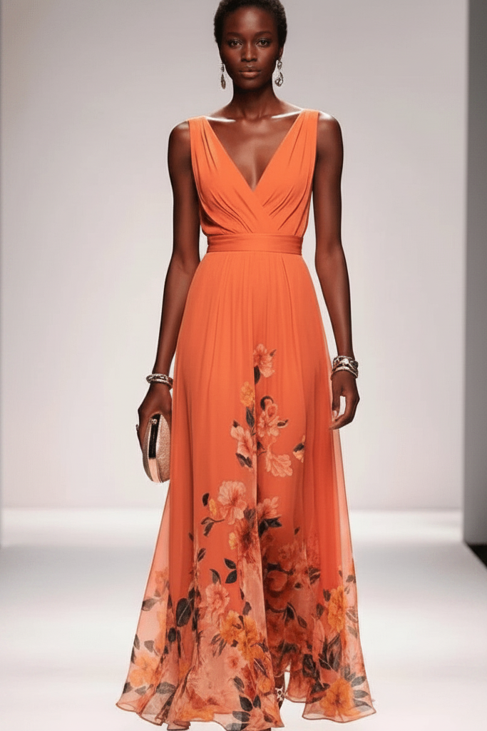 Stylish women's day dress: long floral maxi with romantic design, perfect for any special occasion.