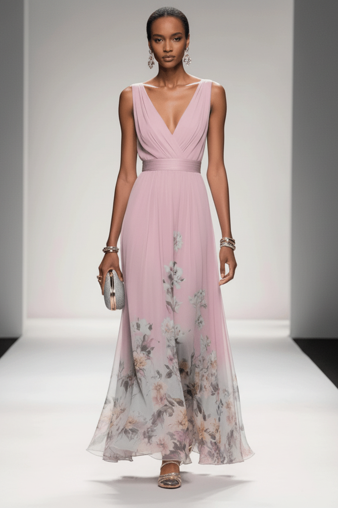 Vibrant floral print on a women's maxi dress, designed for a romantic, flowy summer look.