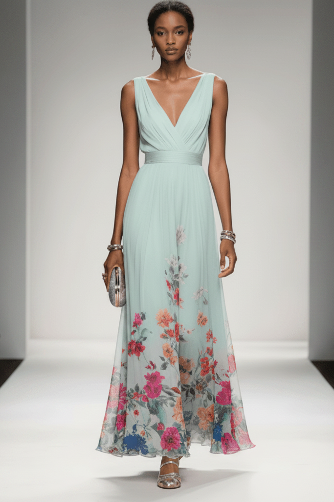 Chic women's vacation dress: an elegant floral maxi with a flattering, long, and romantic style.