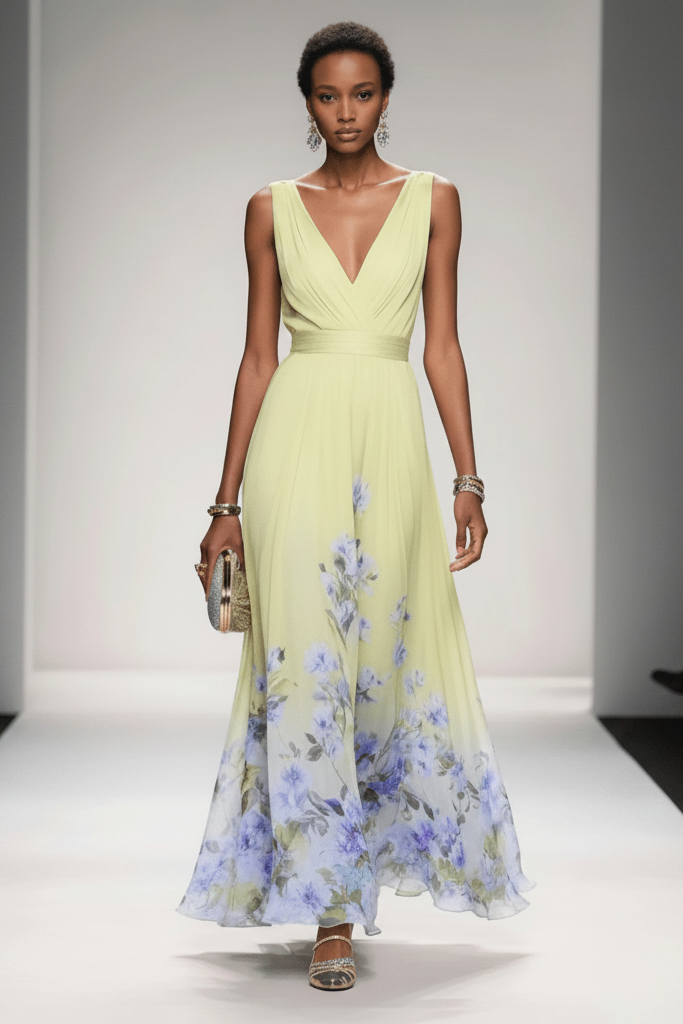 Front view: elegant women's floral maxi dress, showcasing its flowing fabric and beautiful design.