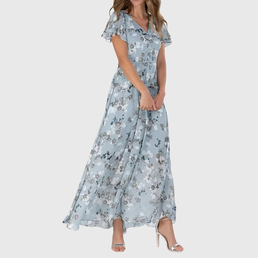 Flowy V-neck floral print maxi dress for women, featuring chic flutter sleeves for evening or summer style.
