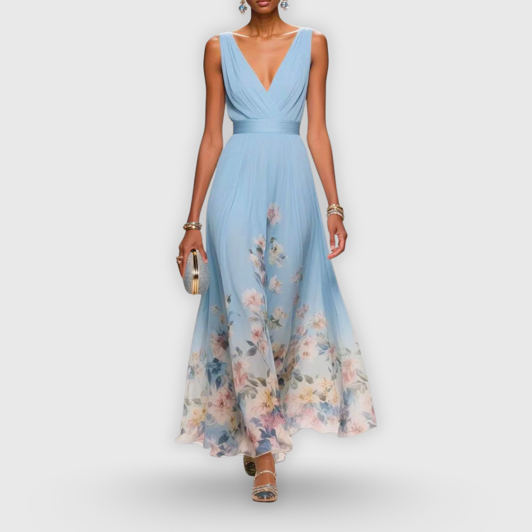 Elegant women's floral maxi dress with V-neck and sleeveless design, perfect for summer parties & garden events.