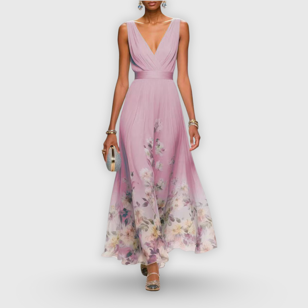 Feminine A-line floral maxi dress with a stylish V-neck and vibrant ombre print for formal occasions.