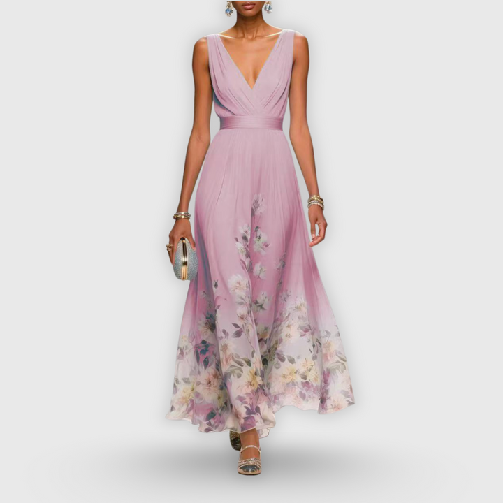 Feminine A-line floral maxi dress with a stylish V-neck and vibrant ombre print for formal occasions.