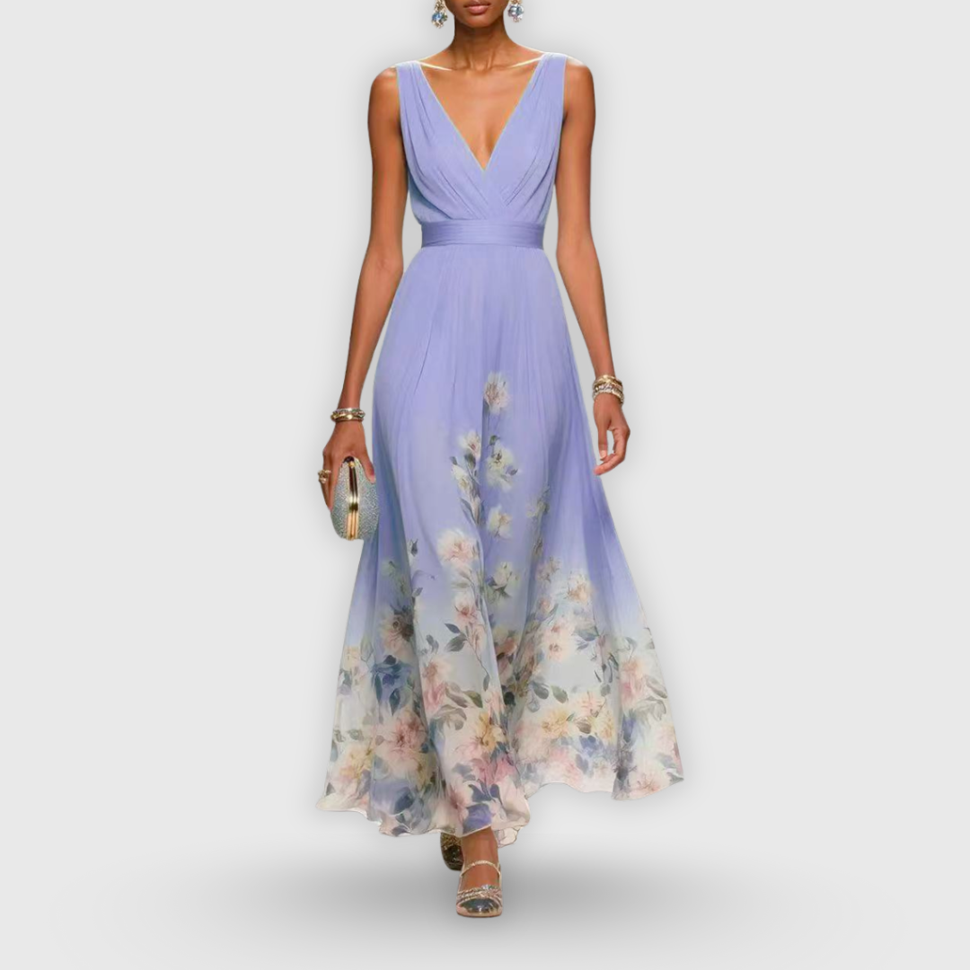 Stylish sleeveless floral V-neck maxi dress for women, an elegant long gown suitable for parties & formal wear.