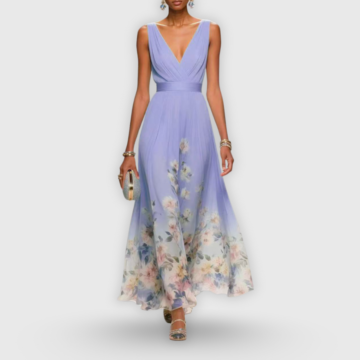 Stylish sleeveless floral V-neck maxi dress for women, an elegant long gown suitable for parties & formal wear.