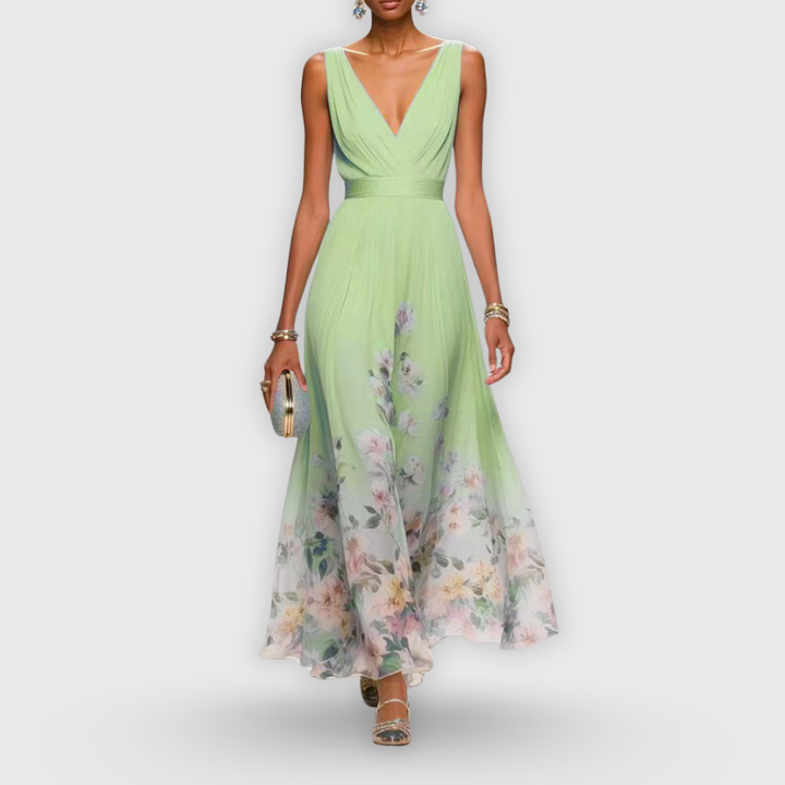 V-neck sleeveless floral maxi dress for women, featuring an elegant long A-line cut ideal for summer parties.