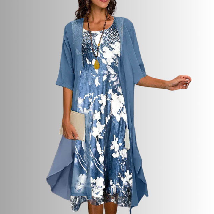 Chic 2-piece women's floral midi dress and cardigan outfit for versatile, elegant spring & summer fashion.