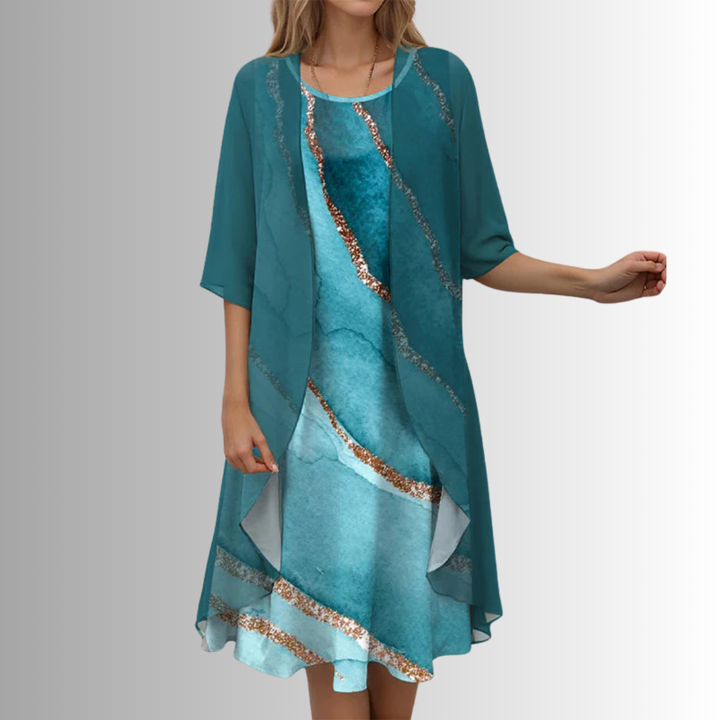 Vibrant floral print midi dress & coordinating modest cardigan set for women, ideal for spring events.
