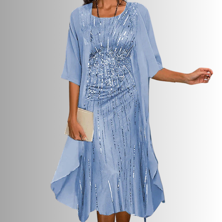 Stylish women's spring/summer floral midi dress with a lightweight cardigan, a comfortable two-piece set.