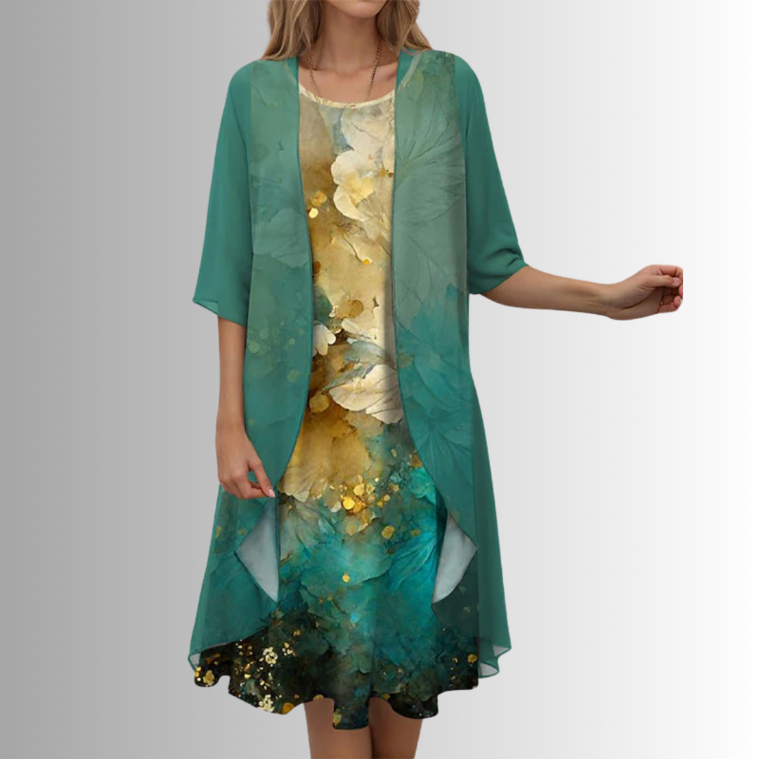 Modest and comfortable women's floral midi dress & cardigan set, perfect for everyday or special events.