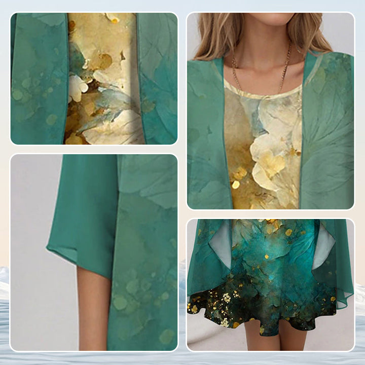 Elegant women's floral midi dress and cardigan set, a versatile 2-piece spring/summer outfit for all occasions.