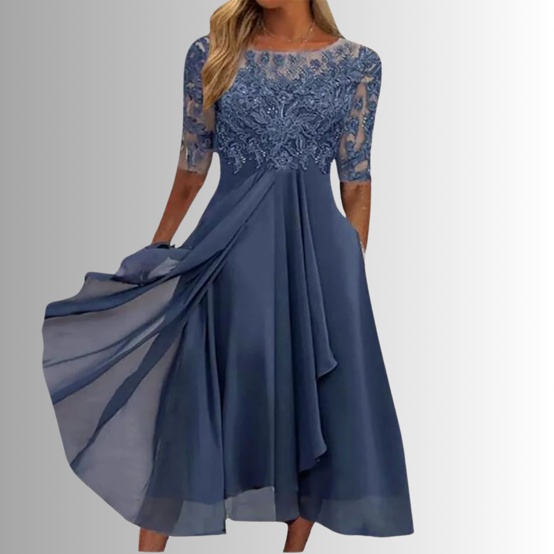 Elegant women's floral midi dress, perfect for wedding guests & special occasions. Flowy, sophisticated party wear.