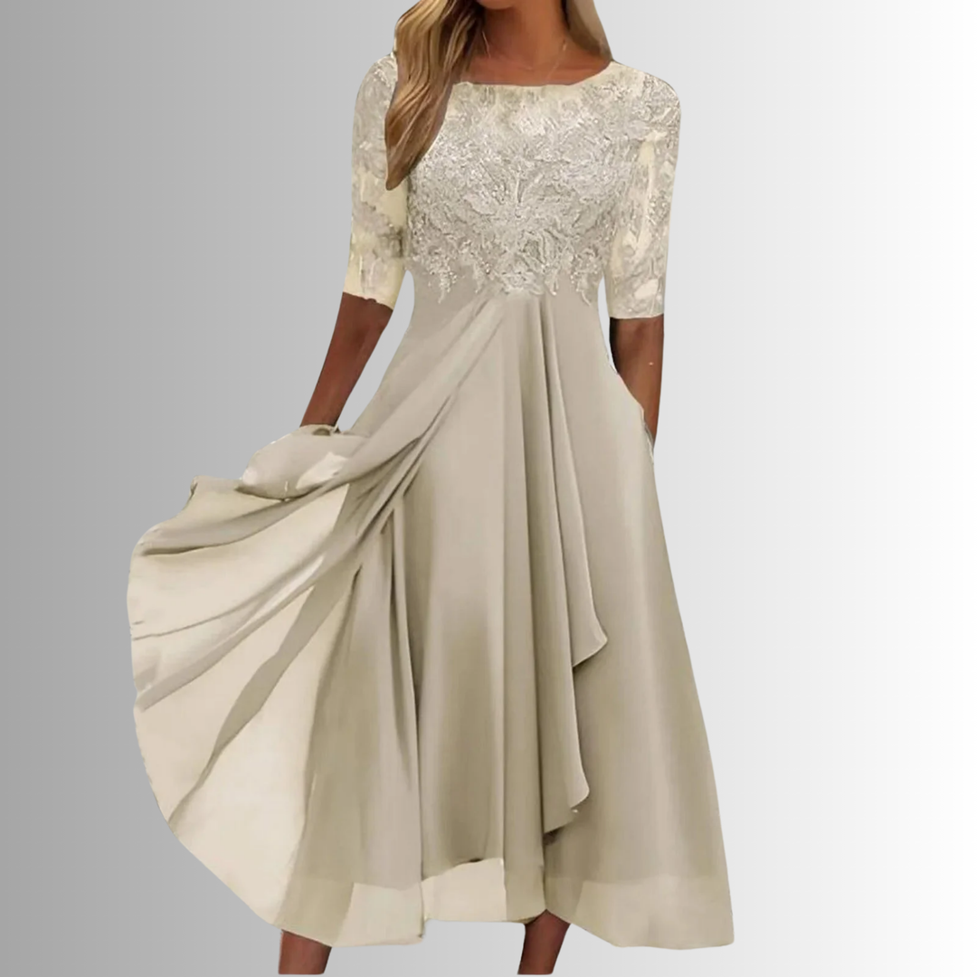 Woman in a flowy floral midi dress, designed for special occasions like weddings, parties, or anniversaries.