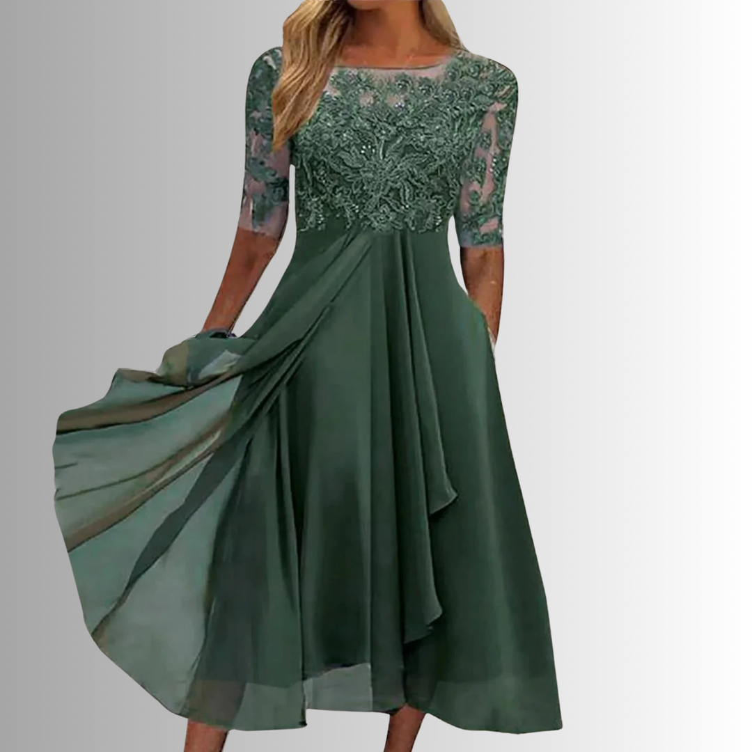 Back view of a flowy floral midi dress, elegant formal wear for wedding guests & evening parties.