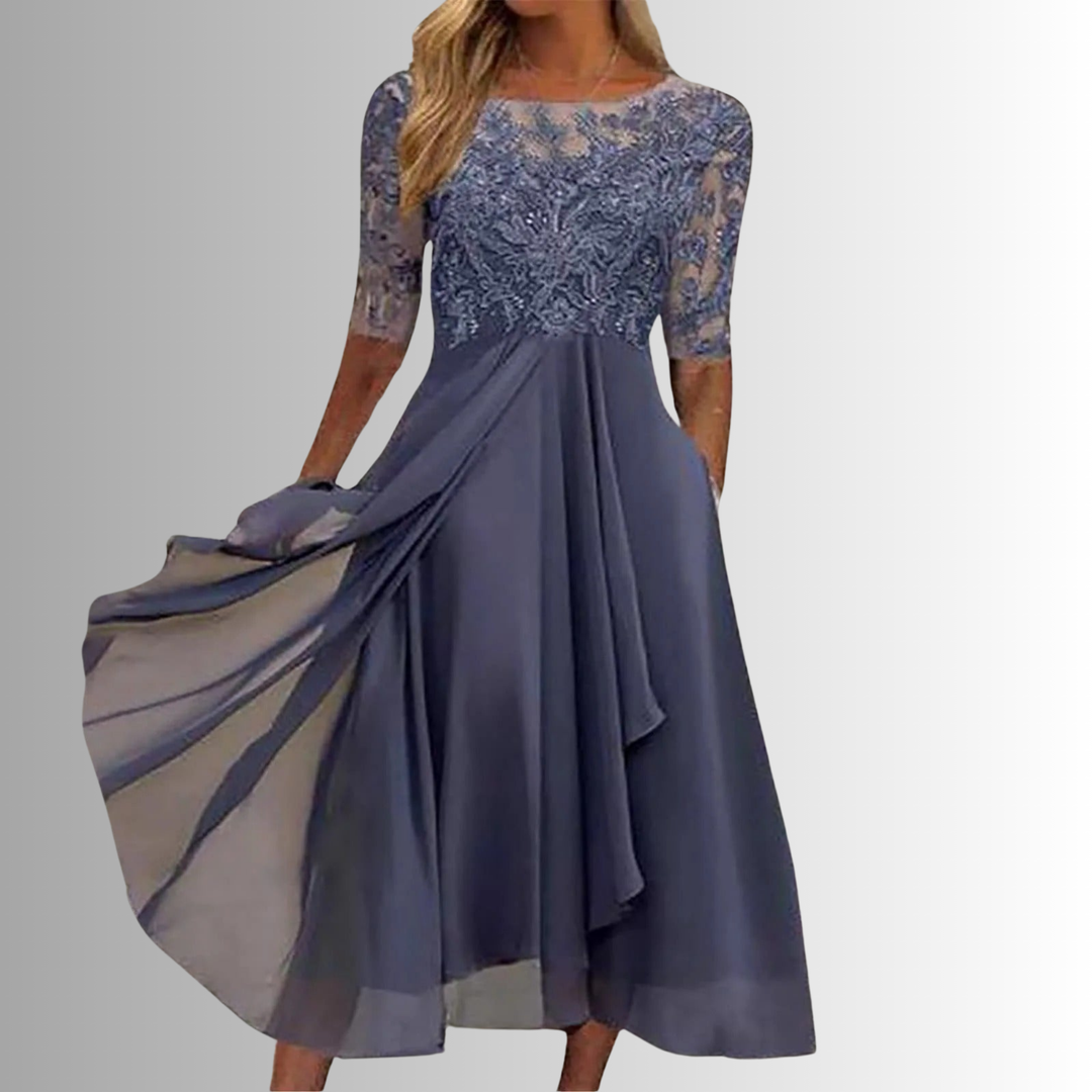Women's sophisticated floral midi dress, an elegant choice for wedding guests, anniversaries, and formal events.