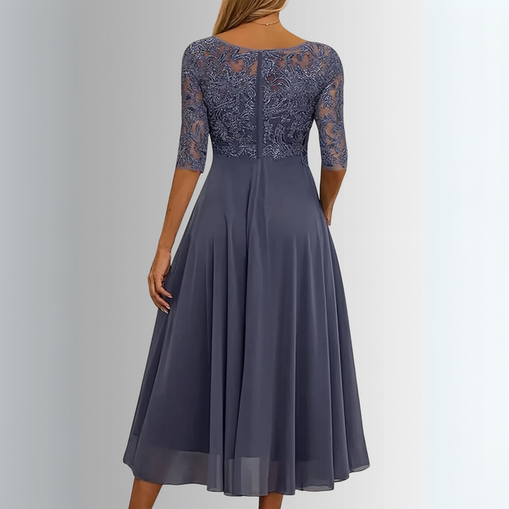 Elegant, flowy floral midi dress for women, perfect as a wedding guest outfit, party dress, or special occasion.