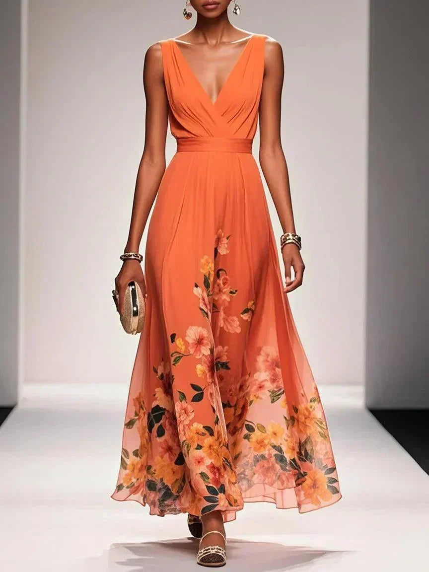 Women's Elegant Floral Deep V-Neck Midi Dress, perfect for summer parties or wedding guest attire.