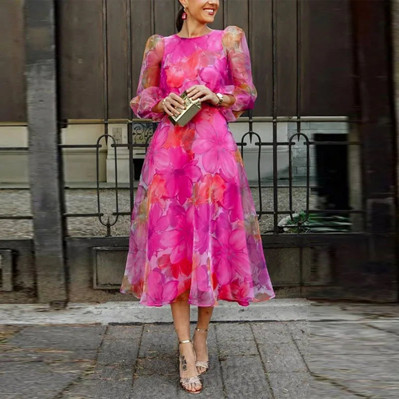 Elegant women's floral midi dress with puff sleeves & A-line cut, perfect for wedding guests & special occasions.