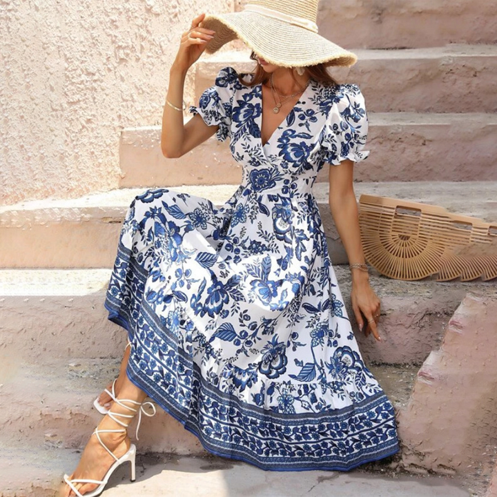 Beautiful women's elegant floral puff sleeve dress, ideal for spring parties and summer casual wear.