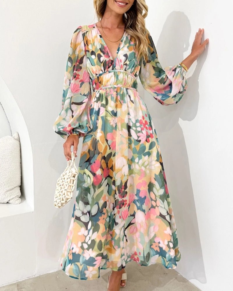 Feminine A-line floral midi dress for women, with V-neck, long sleeves, and belted waist. Perfect for brunch.