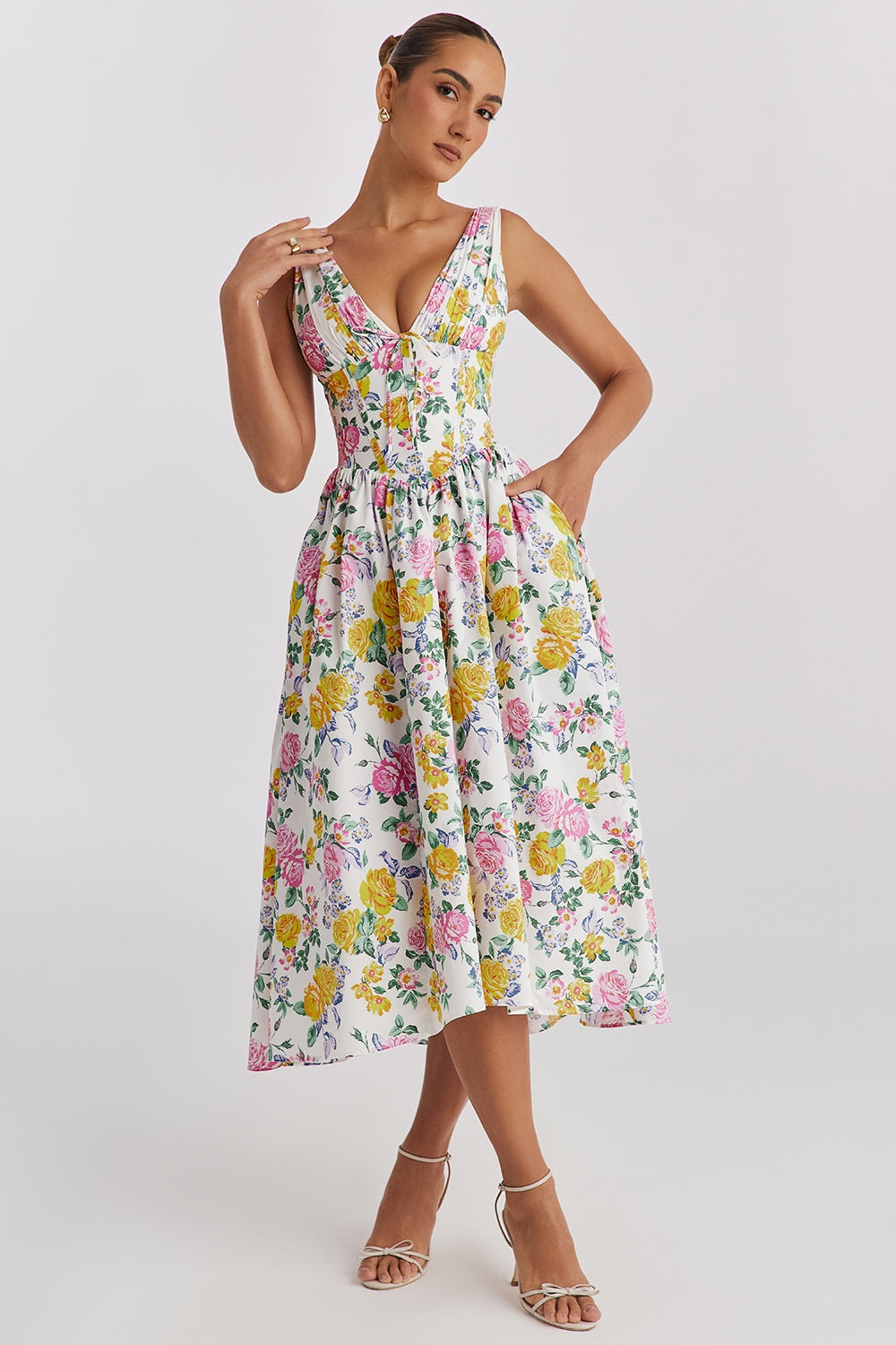 Elegant women's floral midi wedding guest dress with V-neck and corset detail, perfect for garden parties.