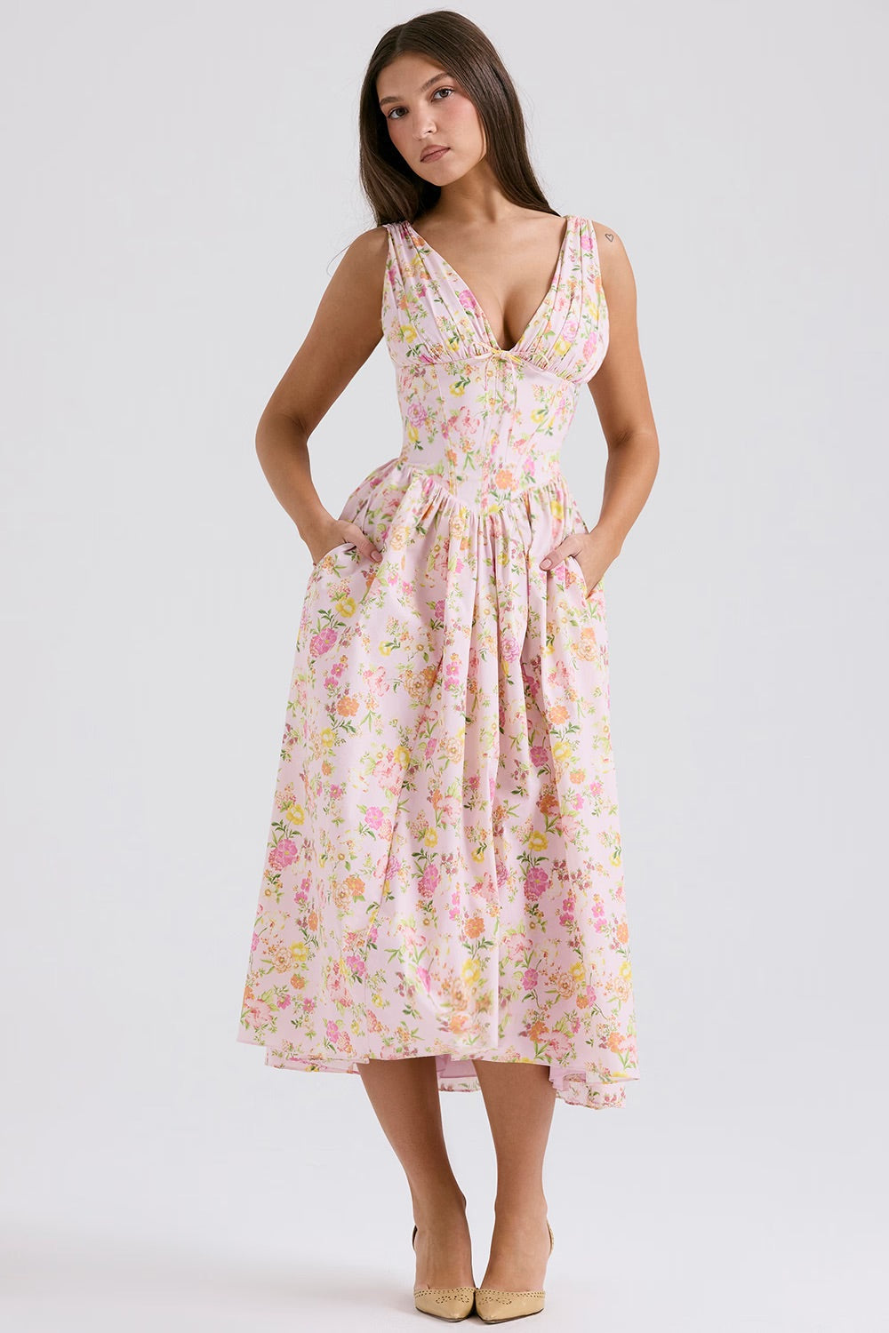 Yellow floral V-neck corset midi dress, ideal elegant wedding guest or summer party attire.