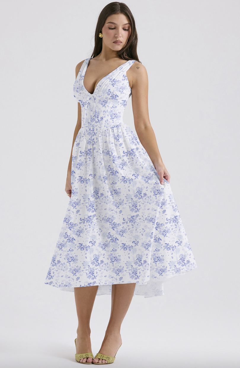 Pink floral A-line corset midi dress, a charming and elegant choice for a garden party or wedding.