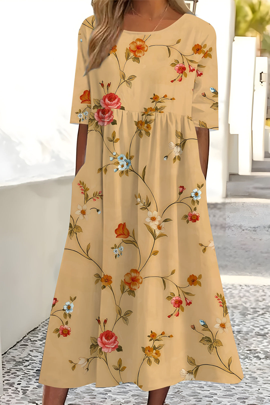 Elegant women's floral midi wrap dress, perfect for summer. Flattering, multicolored design for day or evening wear.