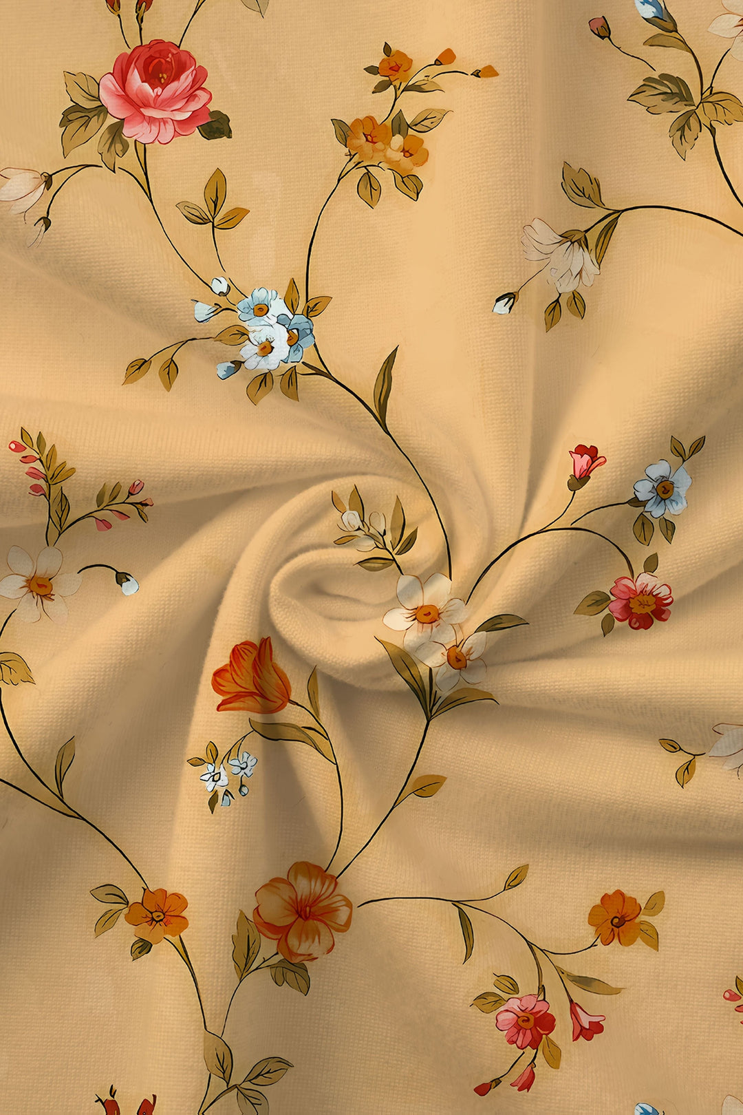 Multicolor floral pattern on an elegant women's midi wrap dress. Stylish for casual summer days or chic evening events.