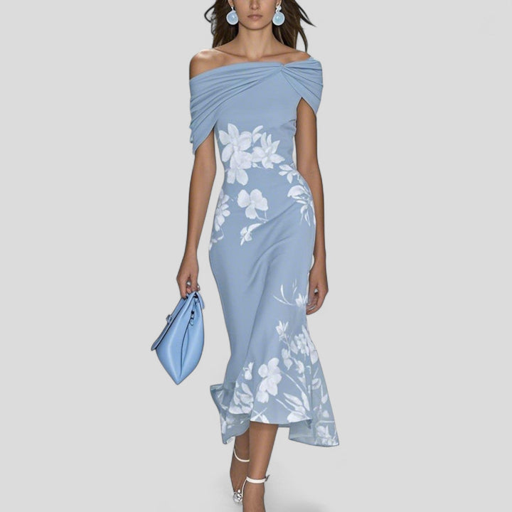 Stylish floral off-shoulder ruched bodycon midi dress for women, ideal as a party or evening dress.