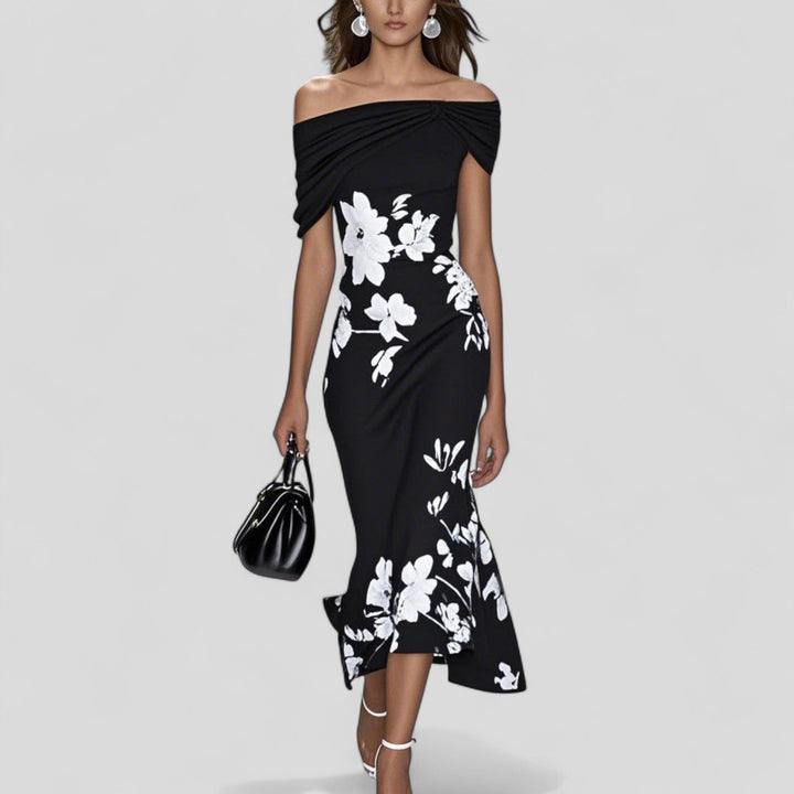 Chic women's floral off-shoulder midi bodycon dress. A stunning elegant choice for wedding guests & evening wear.