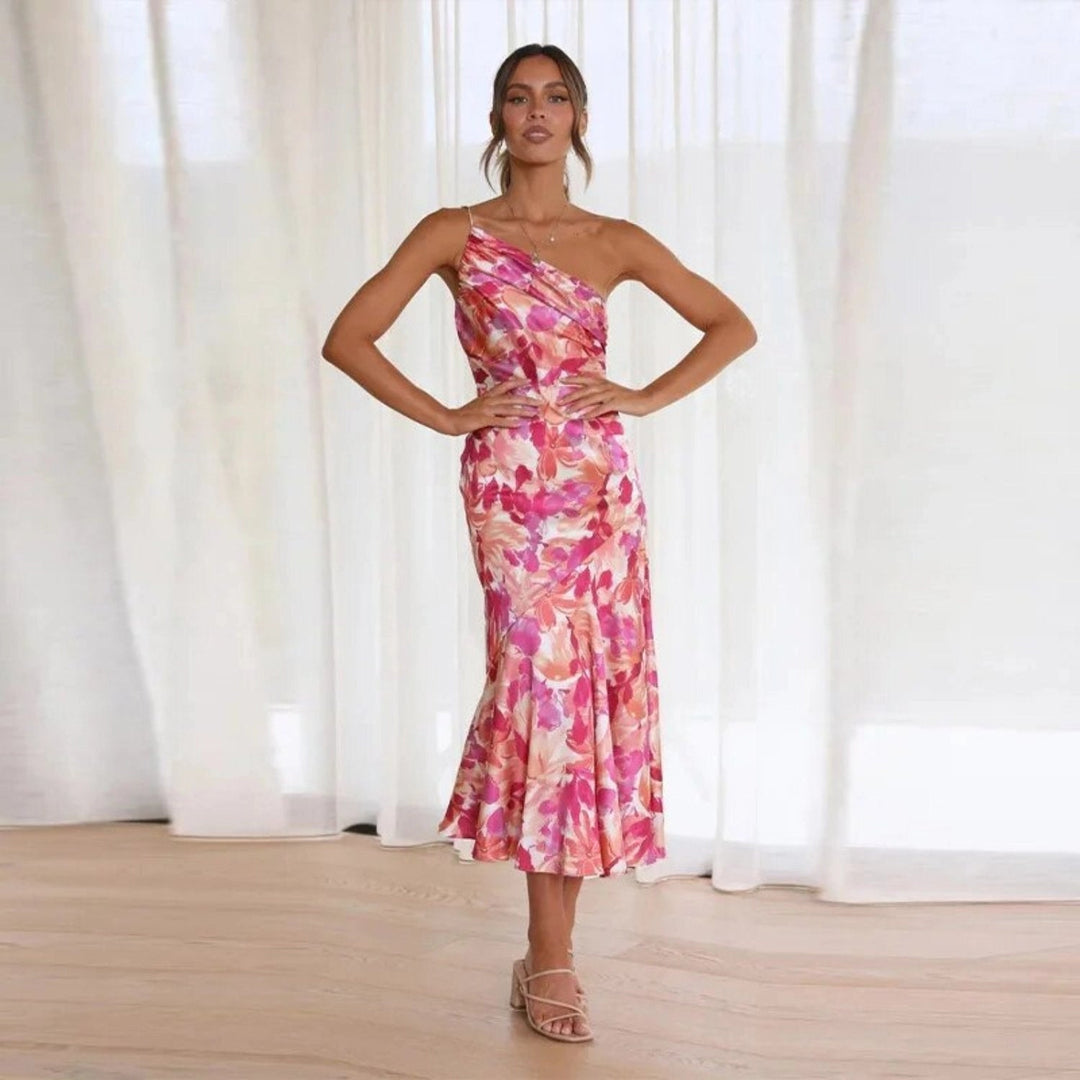Women's bias cut floral midi dress, a sophisticated one-shoulder option for special occasions.