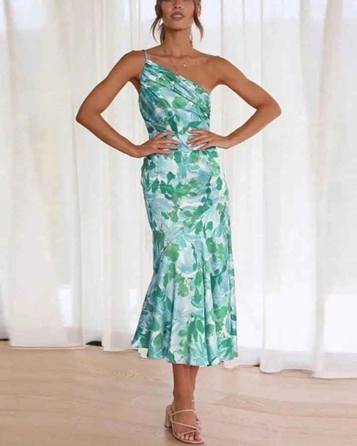 Vibrant floral one-shoulder midi dress, ideal for summer weddings, parties, or special occasions.