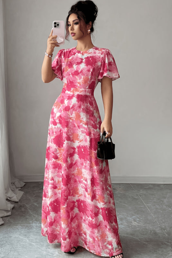 Retro-chic women's floral pleated midi dress, versatile for vacation, party, or casual outings.