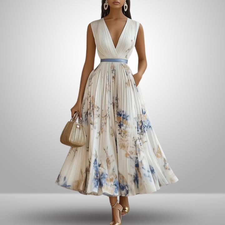 Elegant women's floral pleated midi dress with V-neck, perfect for summer occasions.