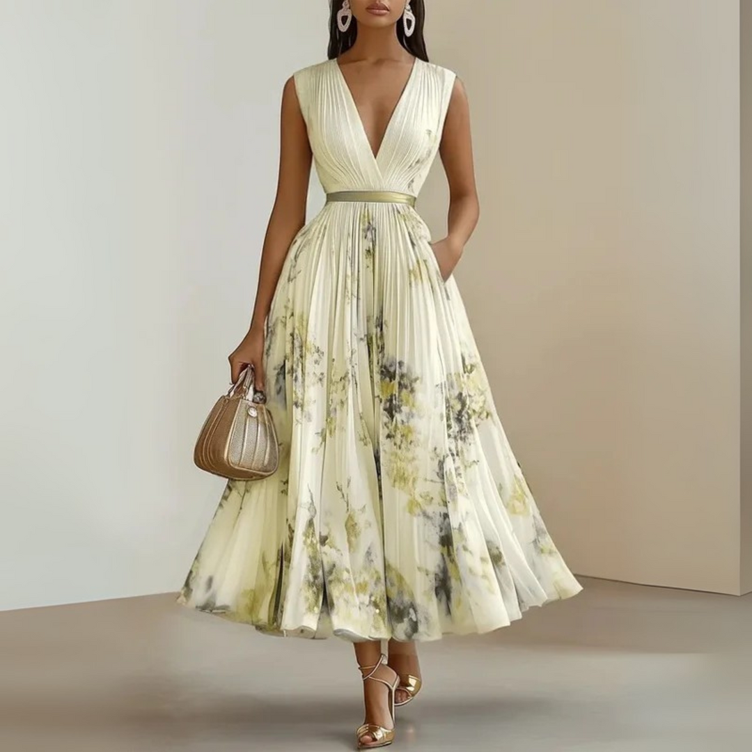 Women's elegant floral V-neck midi dress with a flowing pleated skirt.