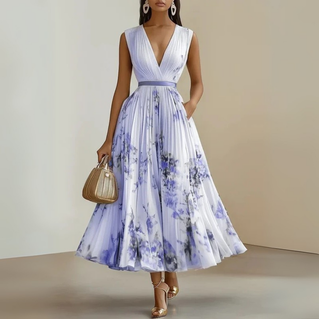 Sleeveless V-neck floral midi dress for women, elegantly pleated, perfect as a summer party outfit.