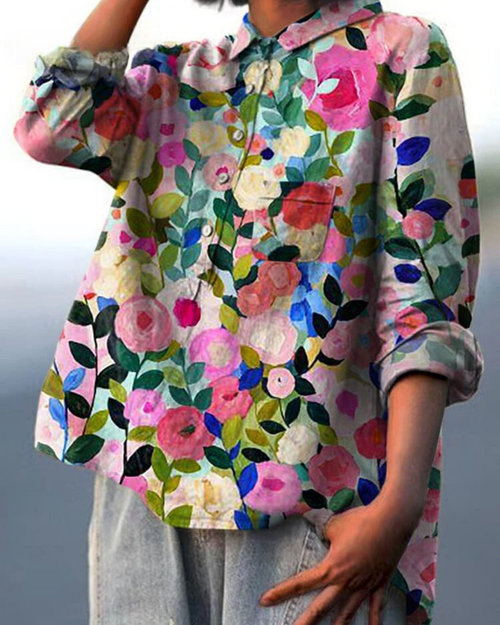 Flowy long-sleeve floral blouse, comfortable for spring & summer style.