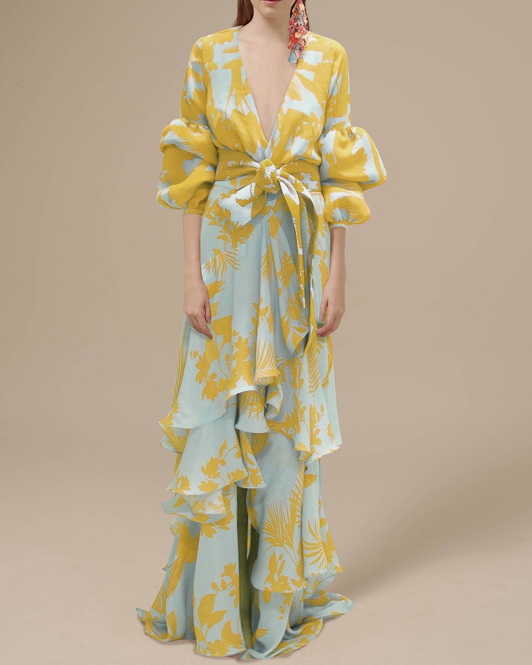 Elegant women's floral print maxi dress with ruffles & belt, perfect for parties & special occasions.