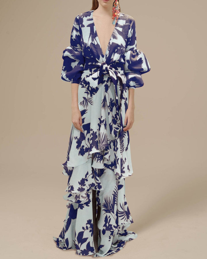 Fashionable women's long sleeve floral maxi dress with elegant ruffles & a waist belt for parties.