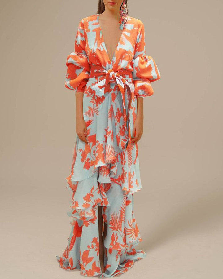 Beautiful women's floral print ruffle maxi dress with a flattering belt, perfect for elegant party wear.