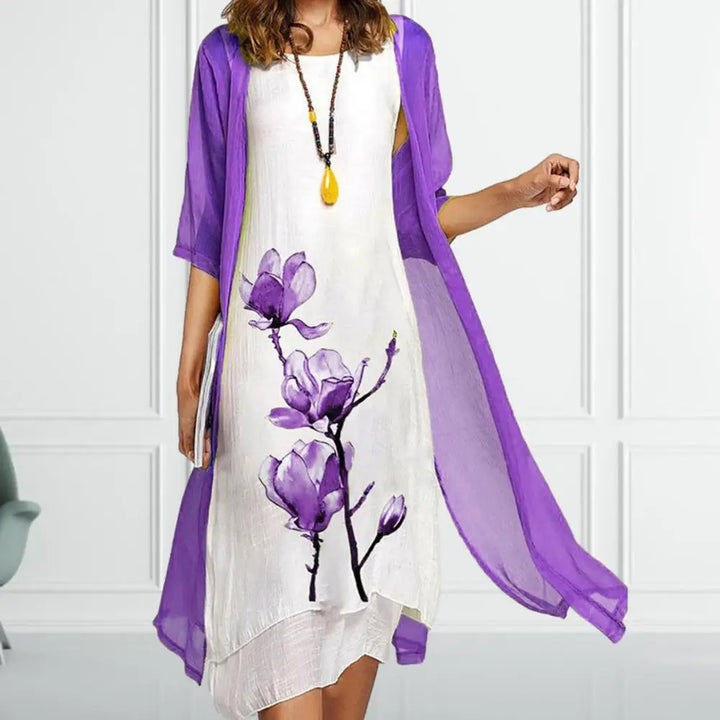 Versatile women's floral print midi dress with a sheer cardigan, ideal for elegant spring and summer outfits.