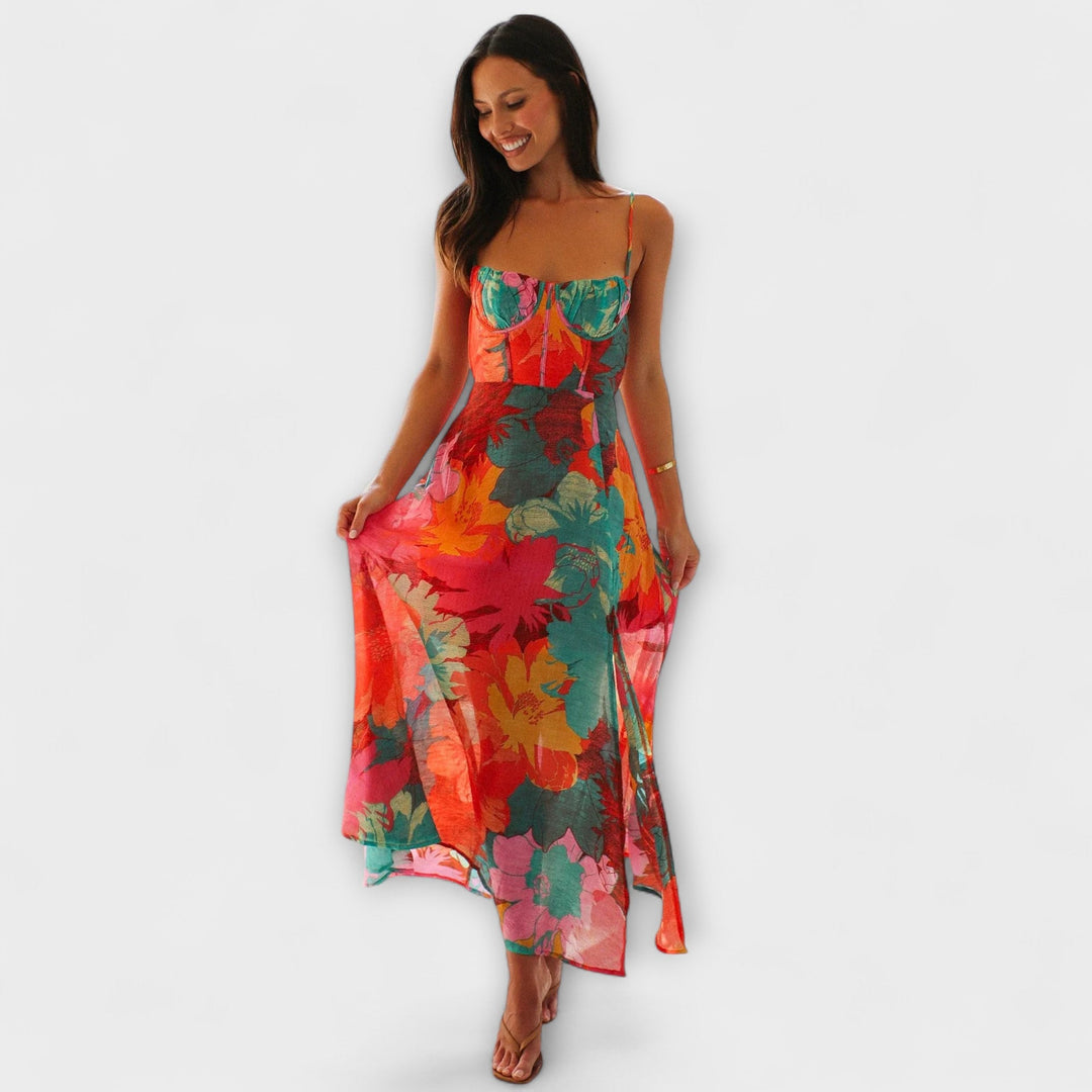 Elegant women's floral print midi dress, perfect for summer events & special occasions. Features a stylish tie-back.