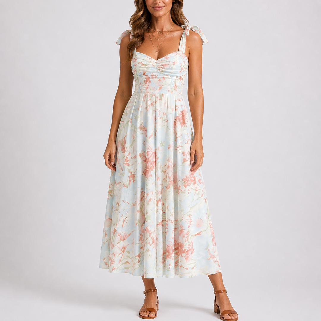 Elegant women's floral print ruched midi dress with A-line skirt & adjustable straps, perfect for summer/spring fashion.