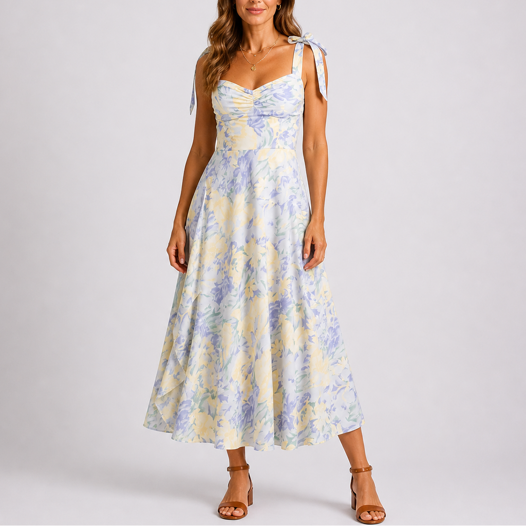 Casual yet elegant floral print ruched midi dress for women, featuring a flattering A-line silhouette and vibrant pattern.