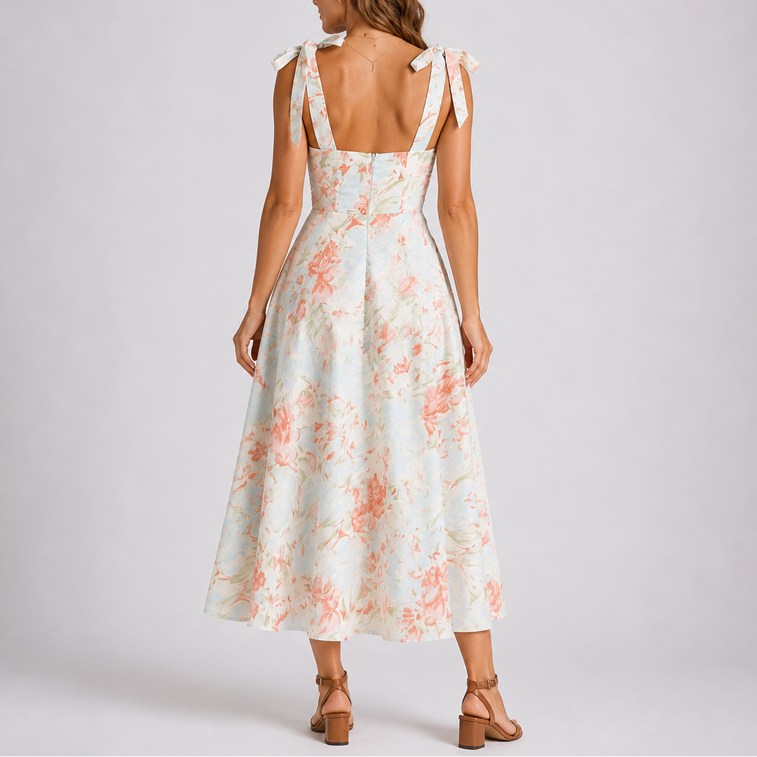 Flattering A-line floral print ruched midi dress for women, designed with adjustable straps for comfortable spring/summer wear.