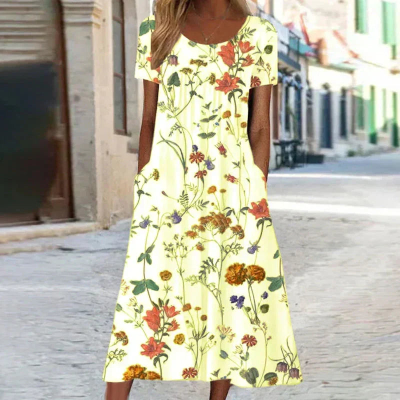 Women's elegant floral short sleeve midi dress. A stylish choice for spring fashion, casual events, or summer outings.
